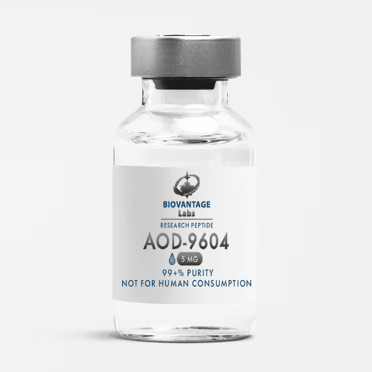 Biovantage Labs AOD-9604 research peptide vial, 99+% purity, lyophilized, Canada